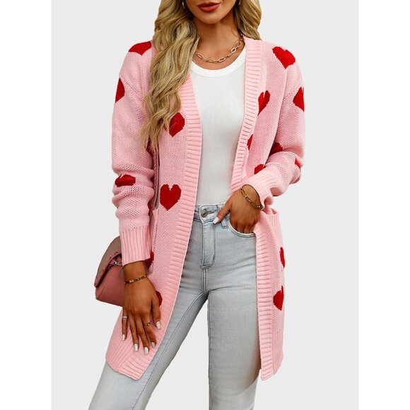 Women's Heart Knit Cardigan Sweater V Neck Pockets Casual Spring Fall Winter - Picture 3 of 6